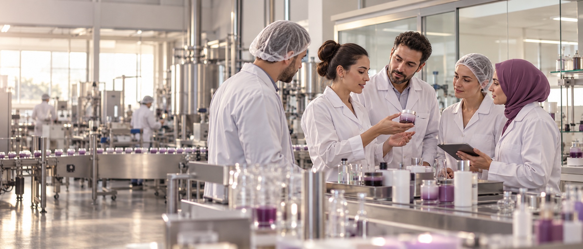 Kozmetik üretim tesisinde birlikte çalışan Ar-Ge ve üretim ekibi